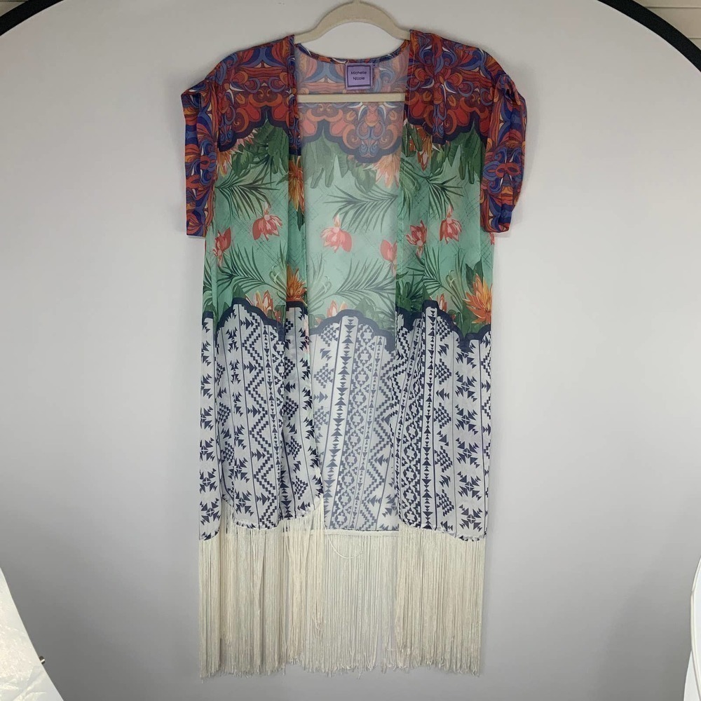 MICHELLE Nicole Fringe Kimono Swim Cover Up Size M - Picture 2 of 5